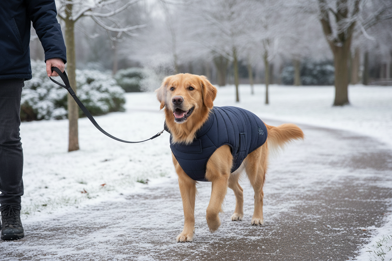 Cão com casaco num dia frio