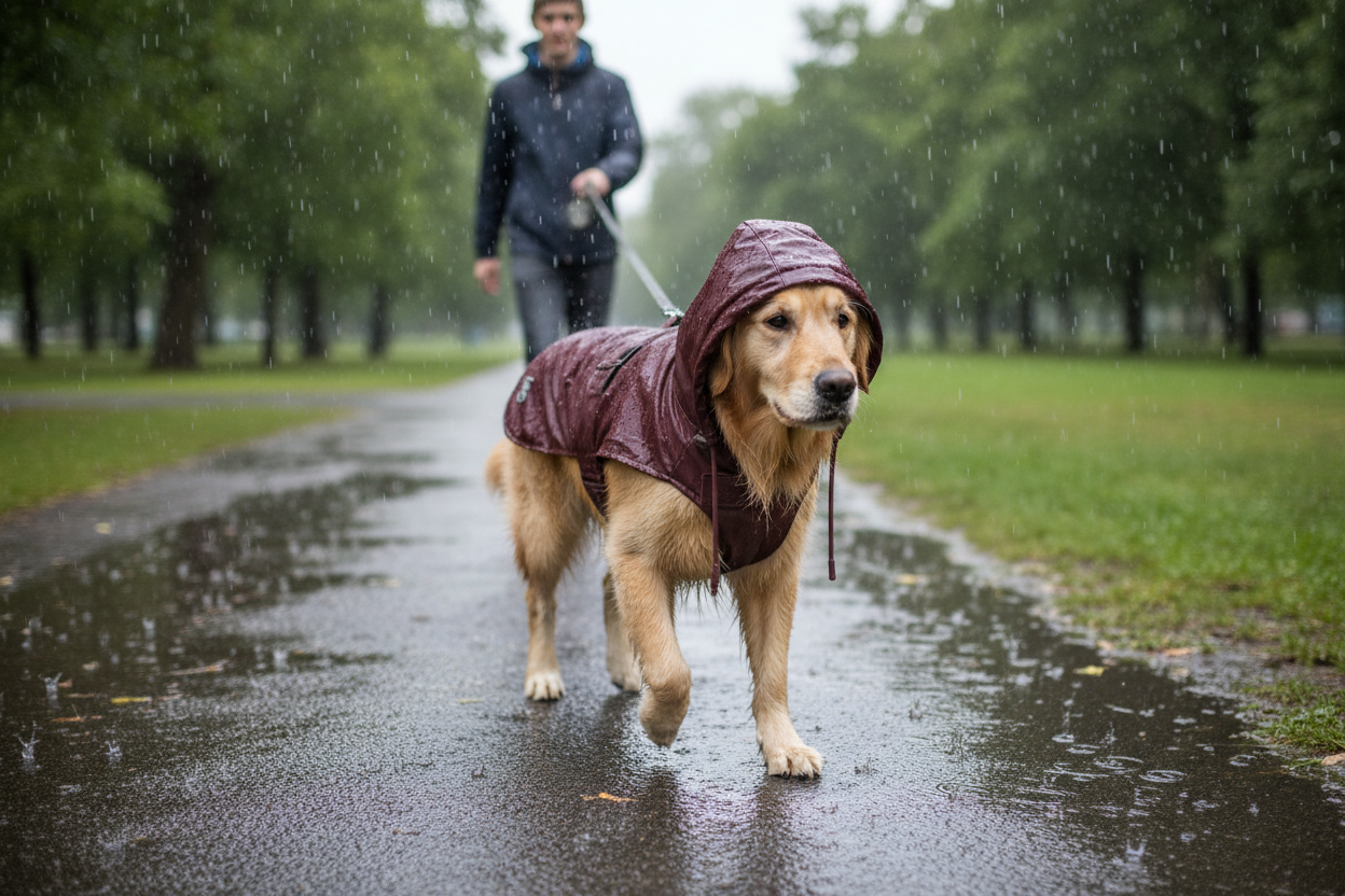 Cão de médio-grande porte com casaco cor de vinho a passear no parque num dia chuvoso