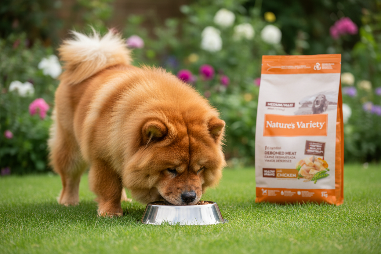 Chow chow a comer ração no jardim