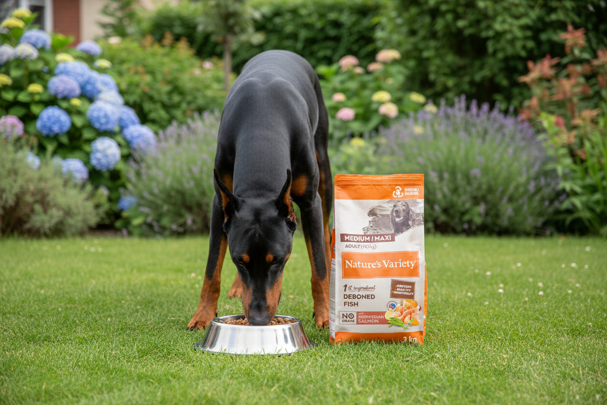 Doberman a comer ração num jardim