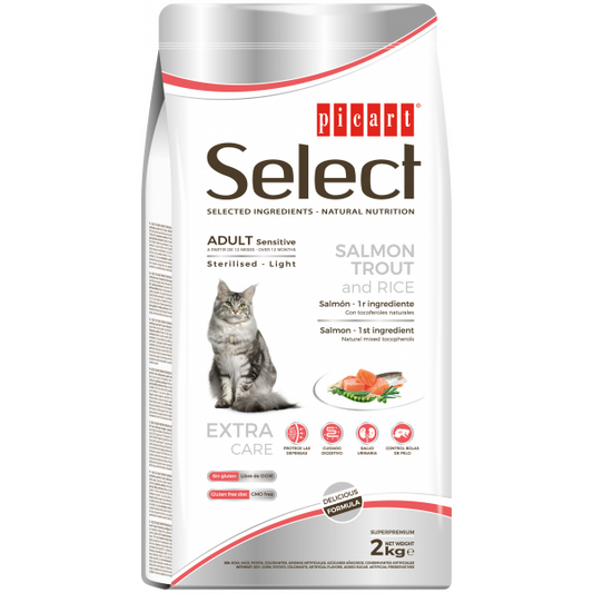 Picart Select Sensitive Sterilised/Light - Ração seca para gato adulto com sensibilidades - Salmão, truta e arroz