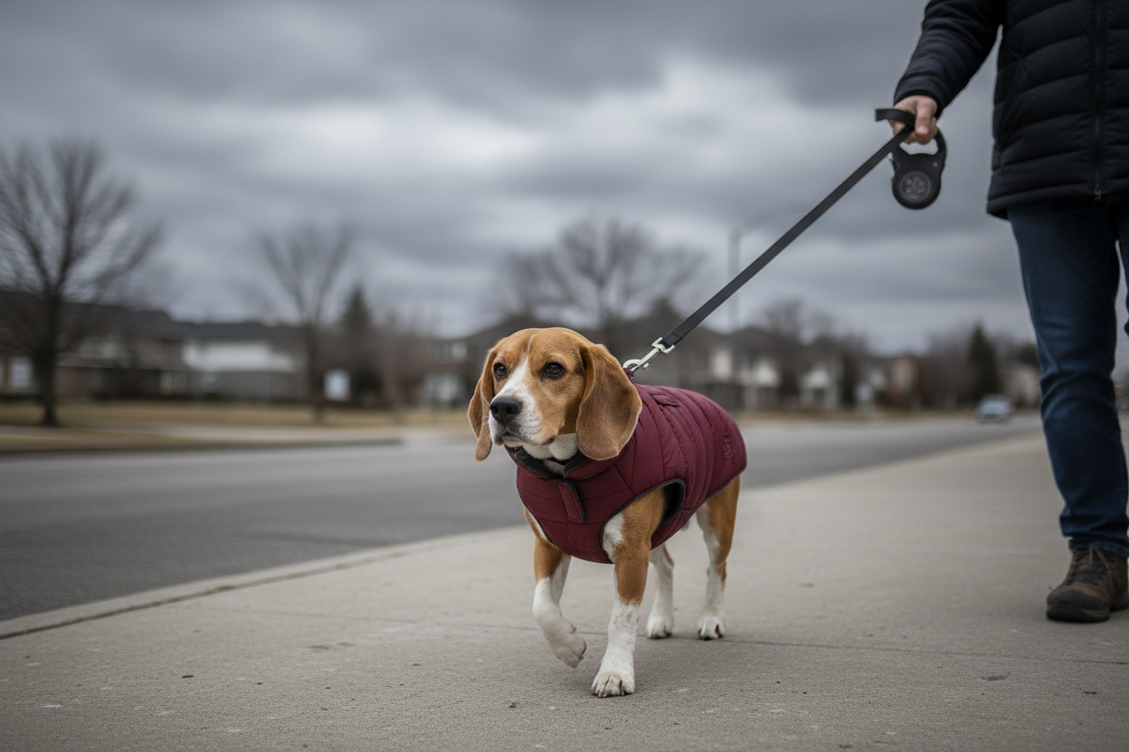Beagle com casaco bordeaux num dia cinzento