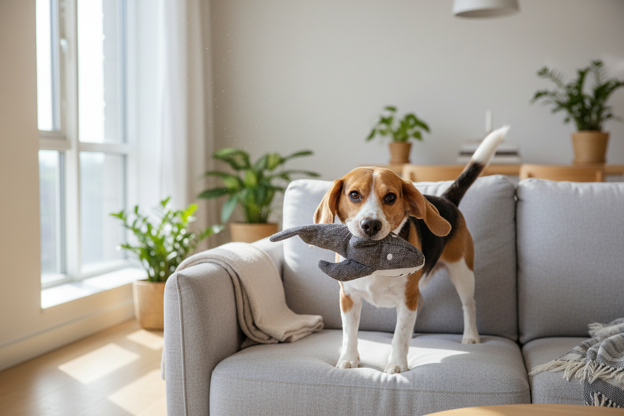 Beagle com peluche baleia/tubarão eco em apartamento minimalista