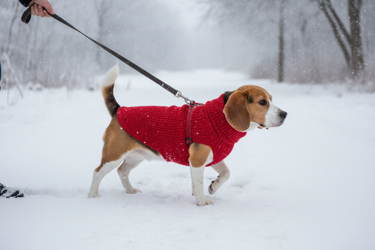 Beagle de lado com camisola de malha vermelha