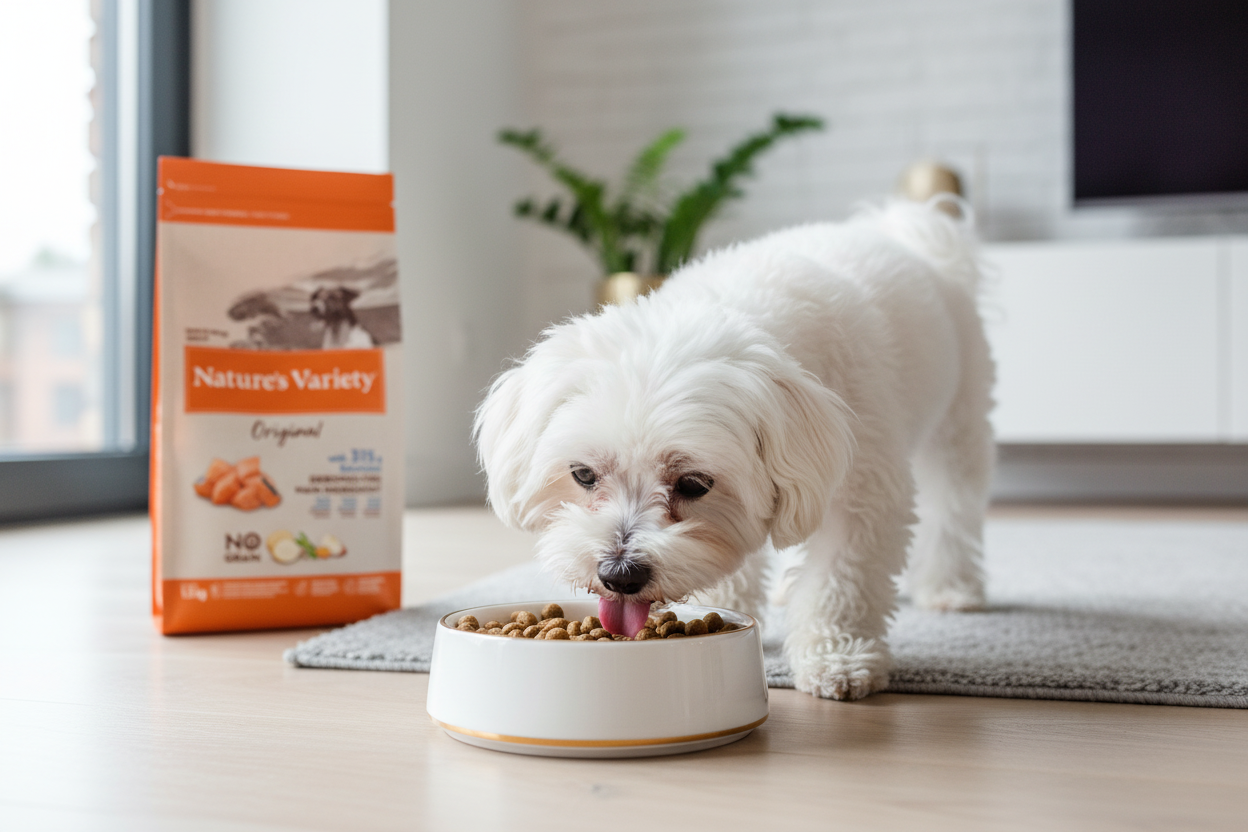 Bichon maltês a comer ração em casa