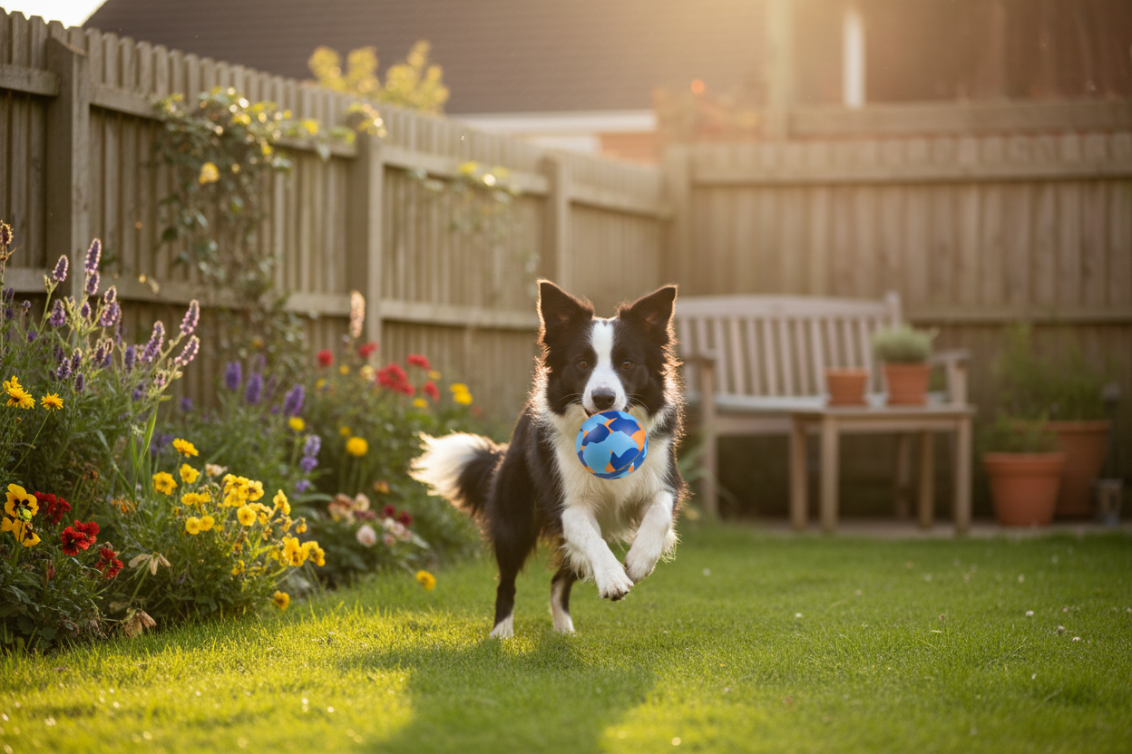 Border Collie com bola 8.3cm no jardim