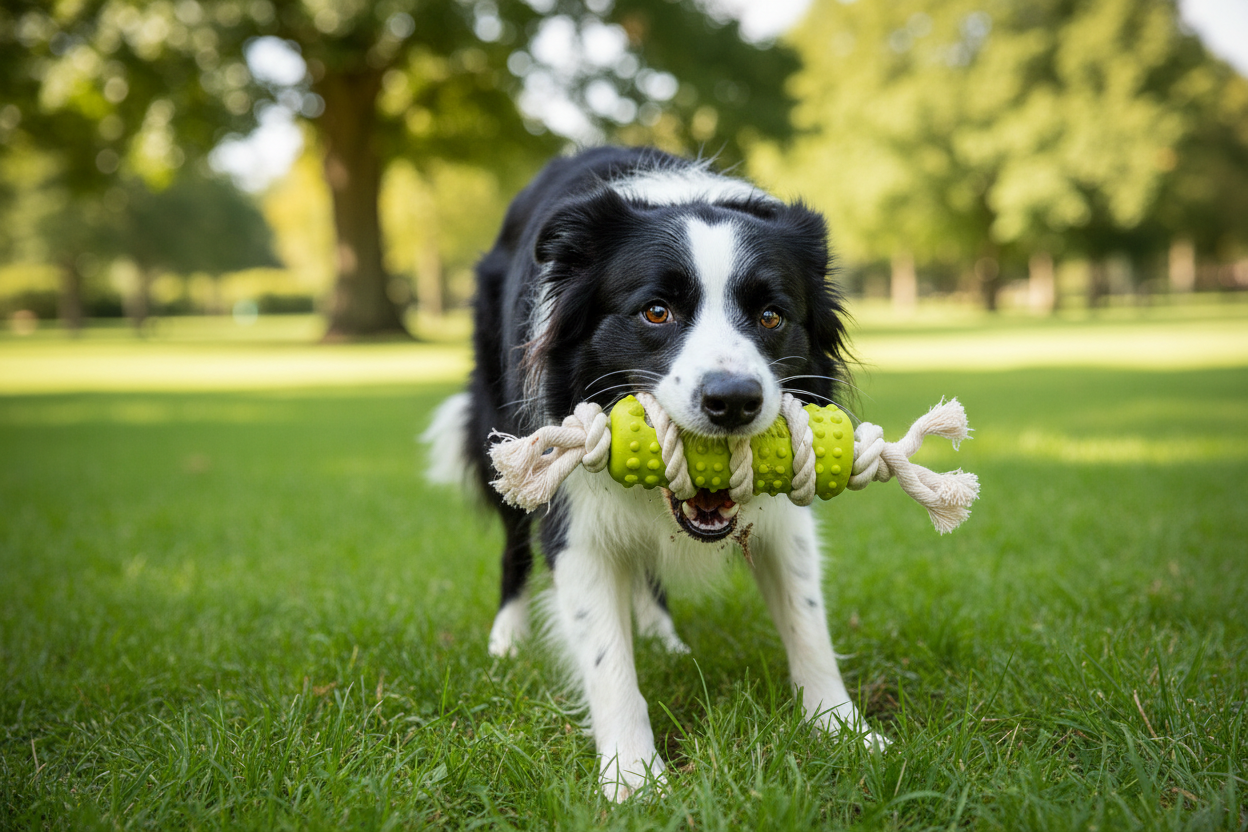 Border Collie com stick de borracha verde e corda eco