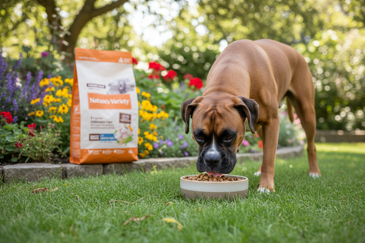 Boxer a comer ração no jardim