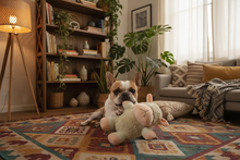 Bulldog Francês com peluche ovelha Shaggy em apartamento boho