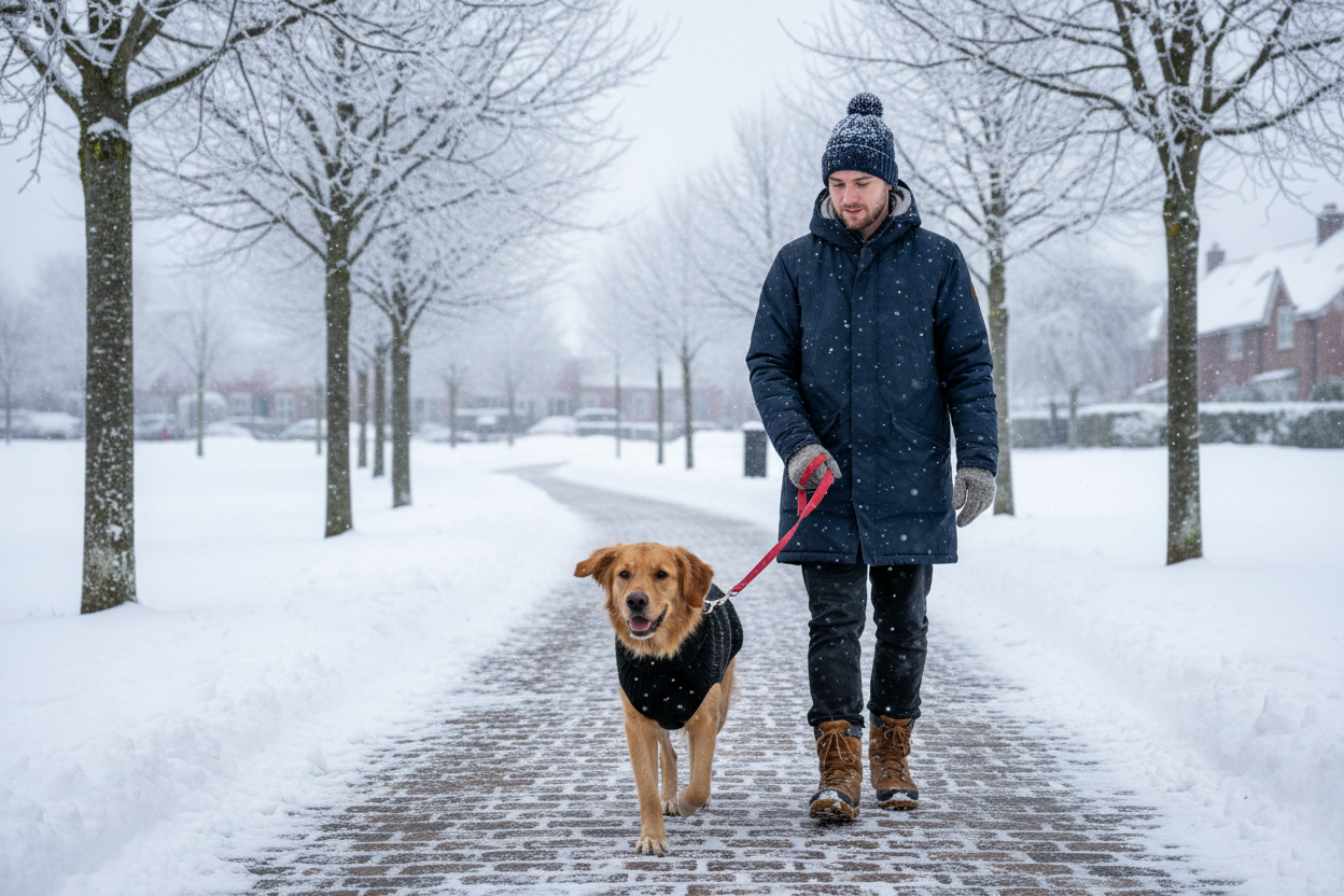Cão com camisola de malha preta em cenário de inverno
