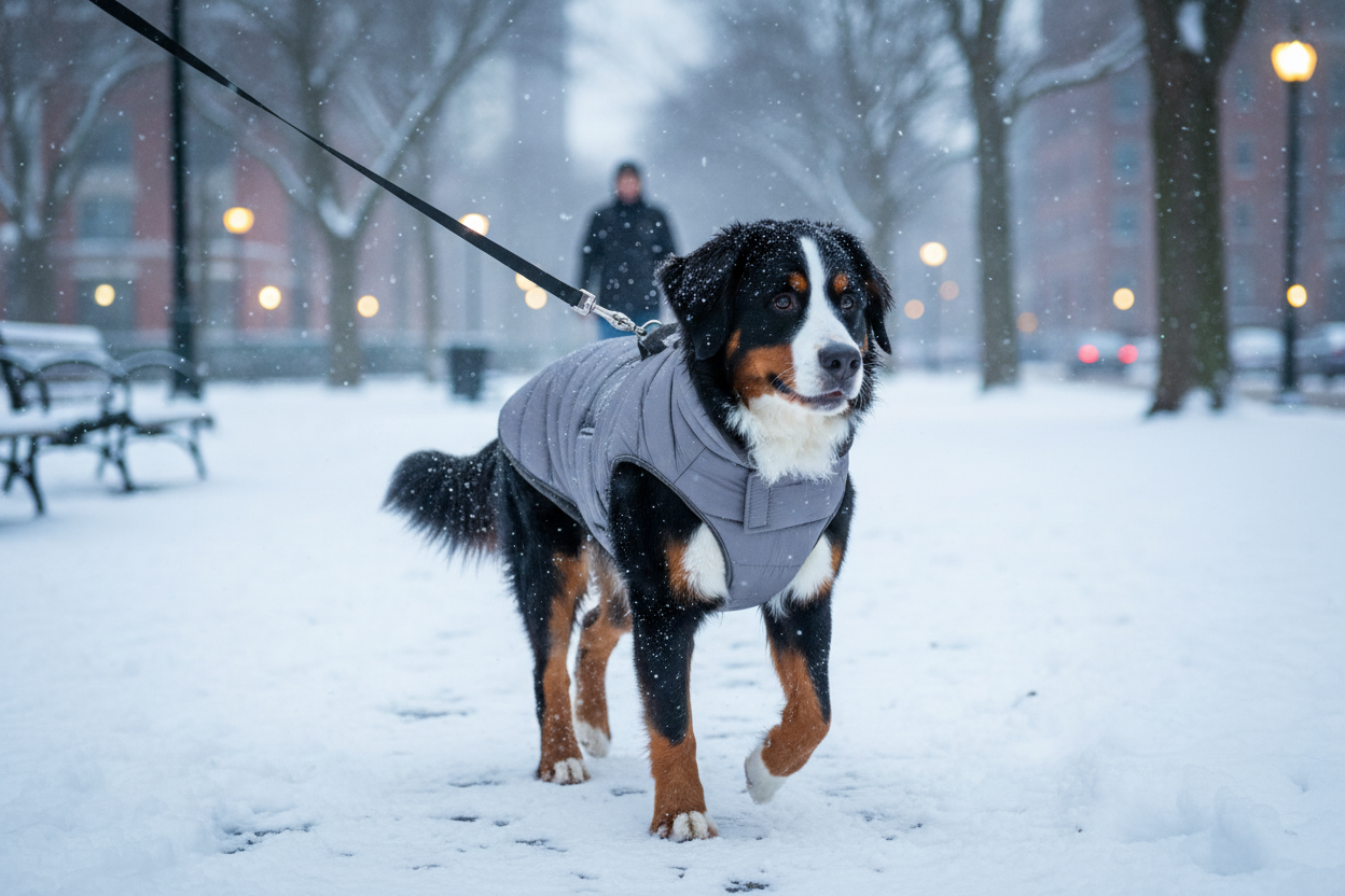 Cão com casaco cinza num dia frio
