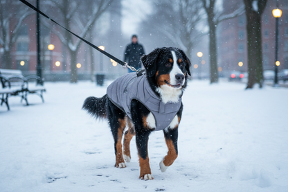 Cão com casaco cinza num dia frio