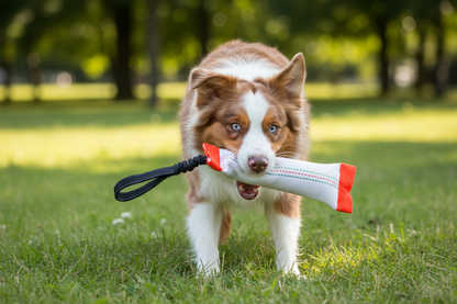 Cão de porte médio com churro de treino