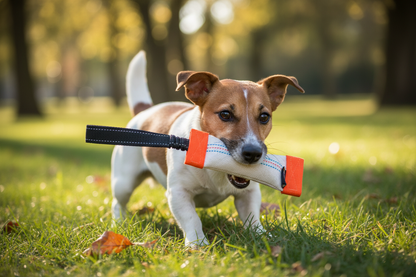 Cão de porte pequeno com churro de treino
