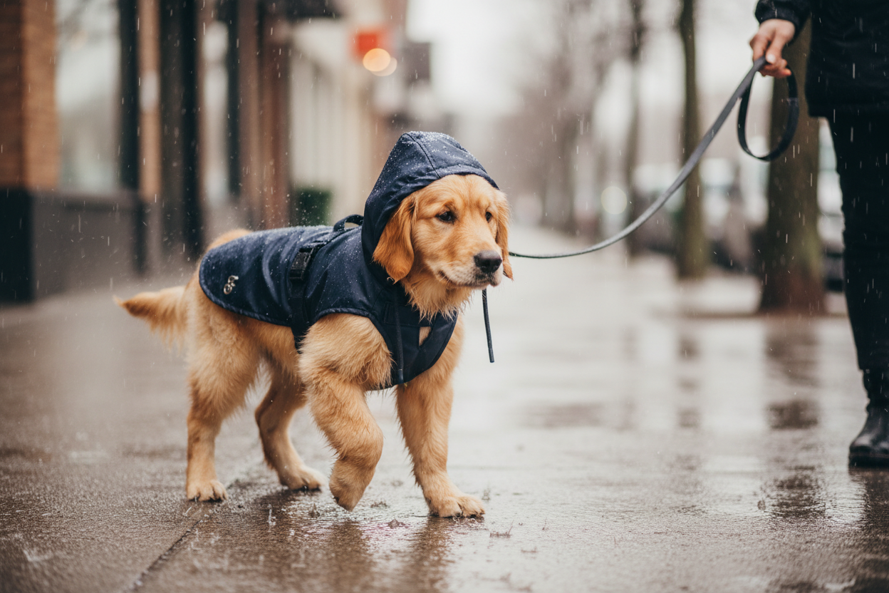 Cão fofo com casaco impermeável num dia chuvoso