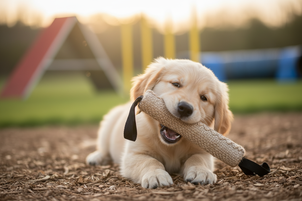Cão júnior com churro num parque de treino