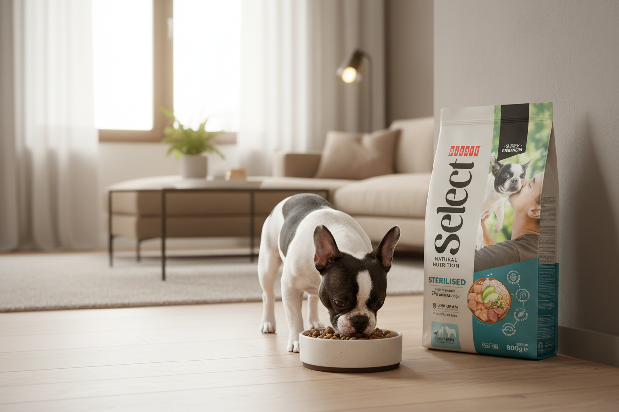 Cão mini adulto a comer ração num apartamento