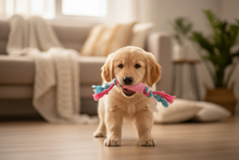 Cachorro com brinquedo corda rosa