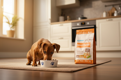 Cachorro junior mini a comer ração na cozinha