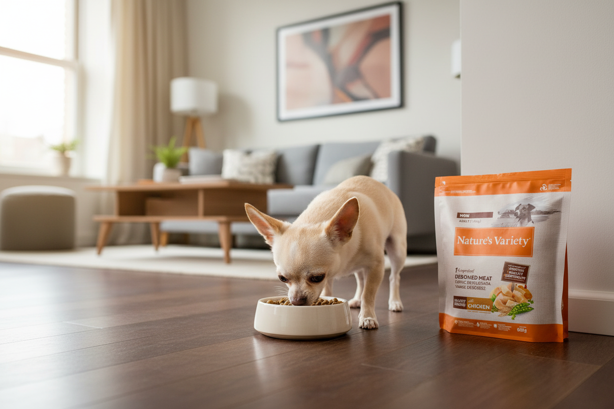 Chihuahua a comer ração num apartamento