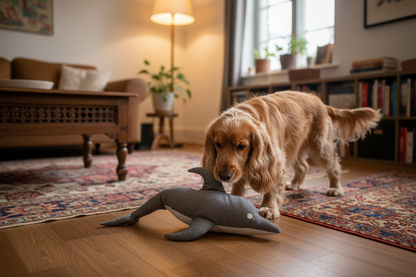Cocker Spaniel com peluche golfinho eco em apartamento eclético