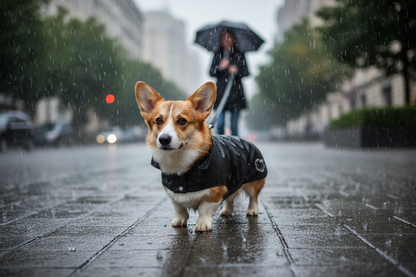 Corgi com impermeável preto num dia de chuva
