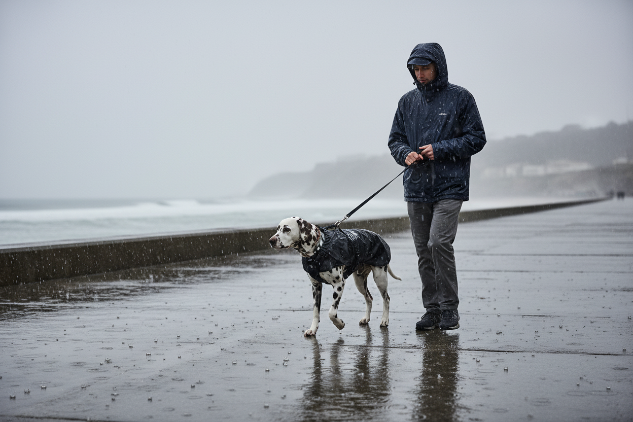 Dálmata com impermeável preto em cenário costeiro