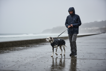 Dálmata com impermeável preto em cenário costeiro