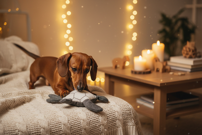 Dachshund com peluche tartaruga eco em cenário cozy