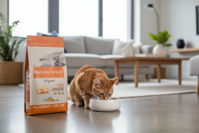 Gato a comer ração Nature's Variety Original com embalagem em destaque