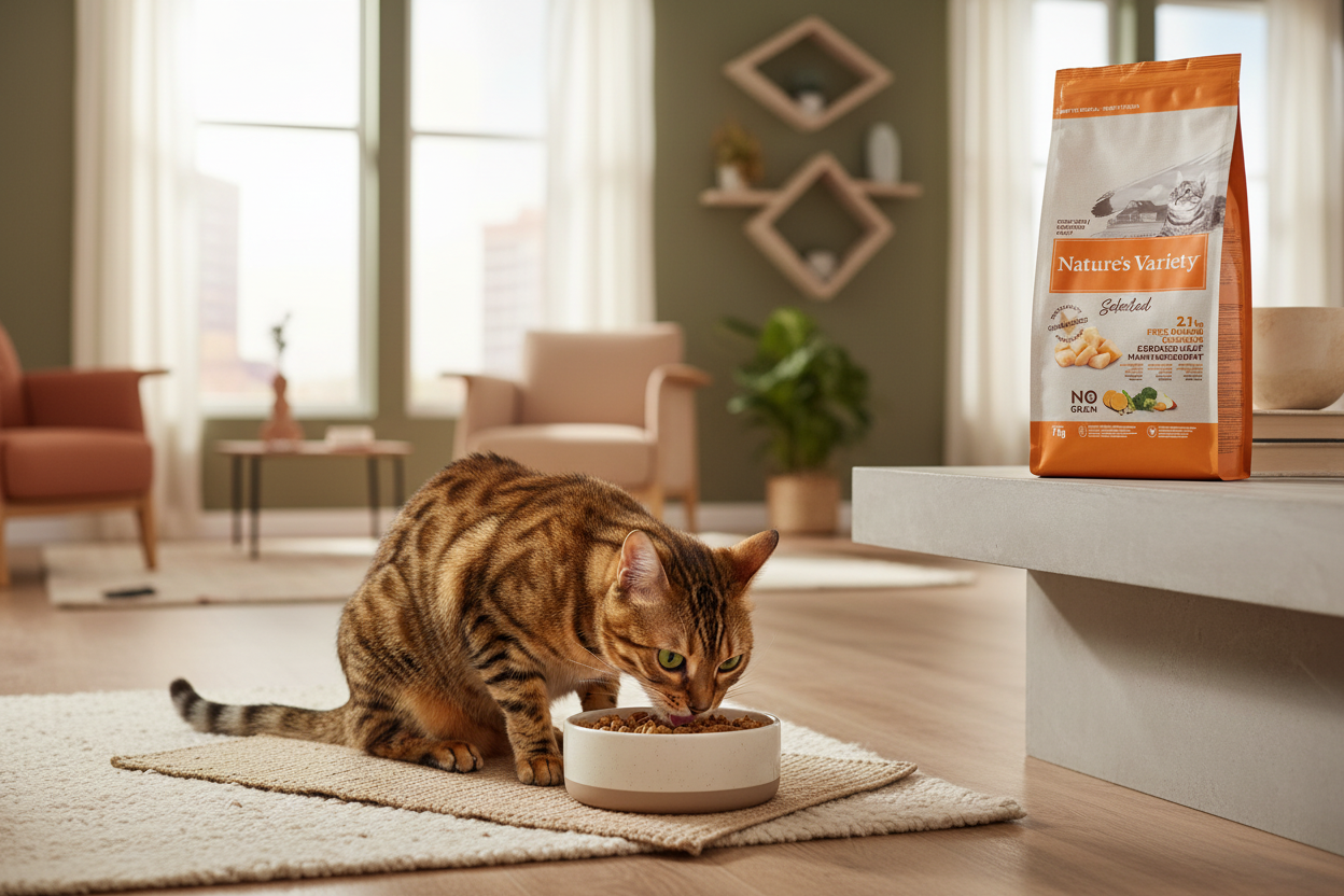 Gato adulto a comer ração Nature's Variety Selected