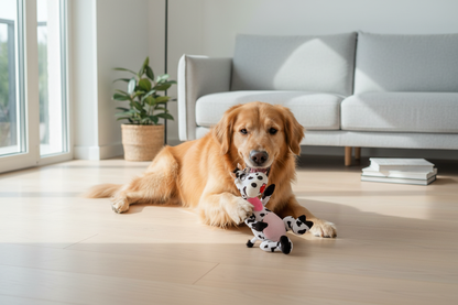 Golden Retriever com peluche vaca Olga em apartamento moderno