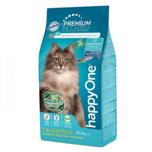 HappyOne Premium Light & Senior - Ração seca para gato para controlo do peso - Aves
