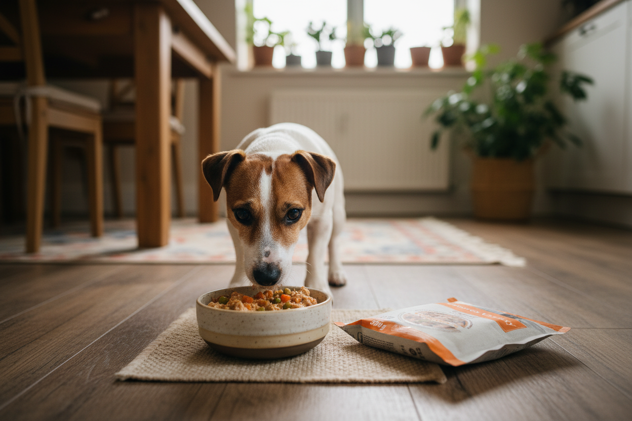 Imagem publicitária com cão pequeno