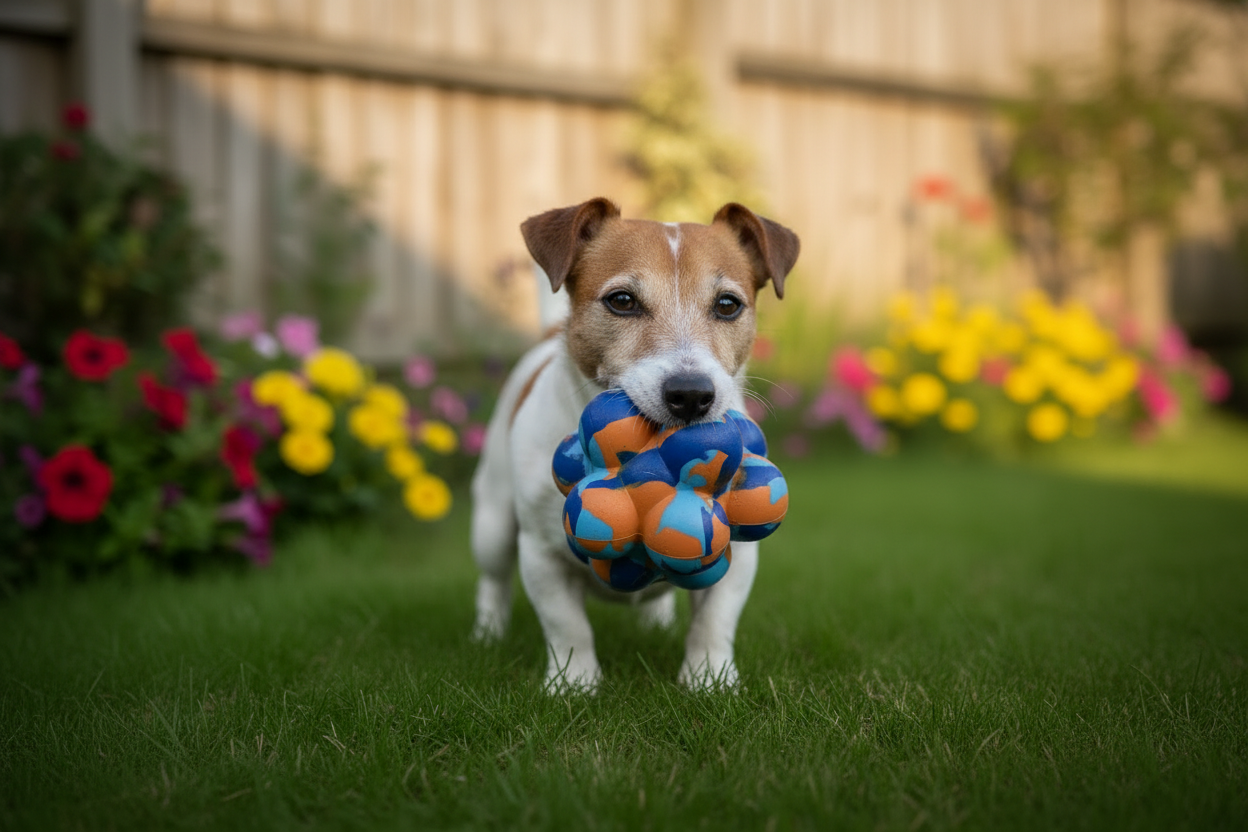 Jack Russell com bola bumpy na boca