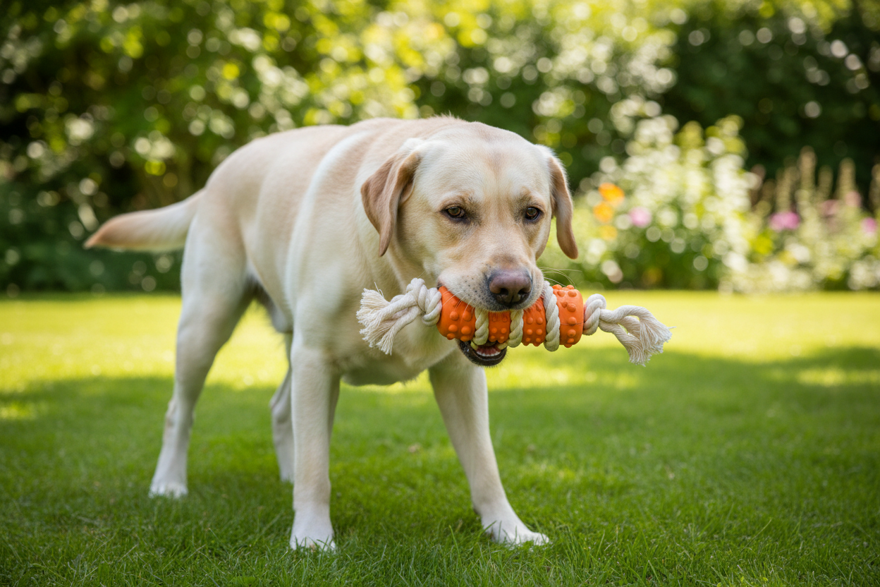Labrador com stick de borracha laranja e corda eco