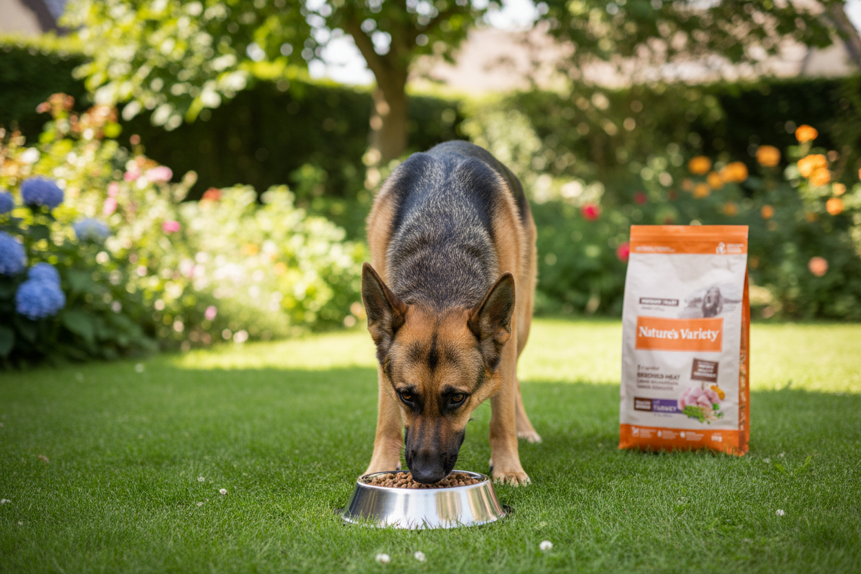 Pastor alemão adulto a comer ração no jardim