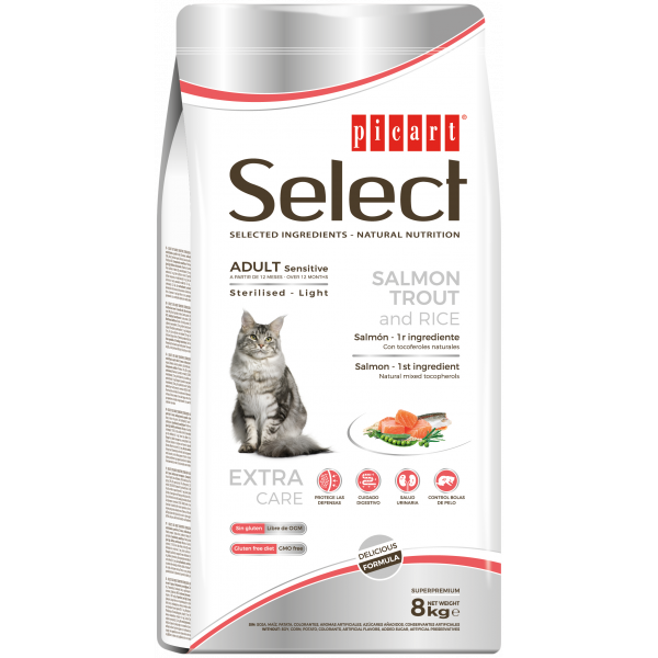 Picart Select Sensitive Sterilised/Light - Ração seca para gato adulto com sensibilidades - Salmão, truta e arroz