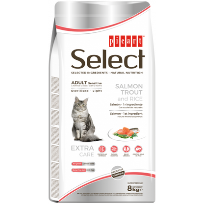Picart Select Sensitive Sterilised/Light - Ração seca para gato adulto com sensibilidades - Salmão, truta e arroz