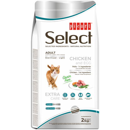 Picart Select Sterilised/Light Grain free - Ração seca sem cereais para gato adulto - Frango e ovo