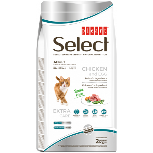 Picart Select Sterilised/Light Grain free - Ração seca sem cereais para gato adulto - Frango e ovo