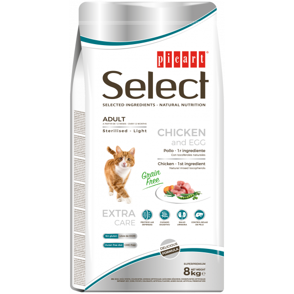 Picart Select Sterilised/Light Grain free - Ração seca sem cereais para gato adulto - Frango e ovo