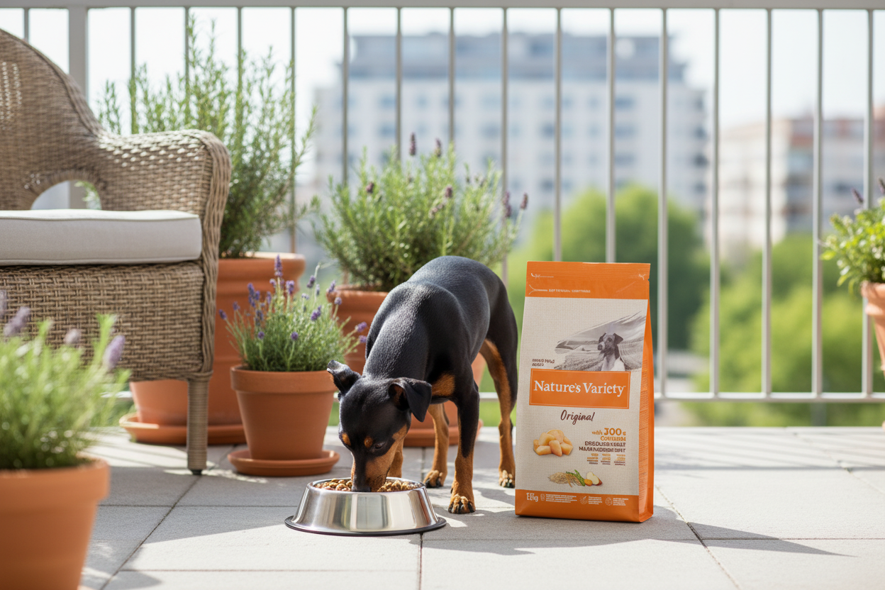 Pincher a comer ração na varanda com saco em destaque