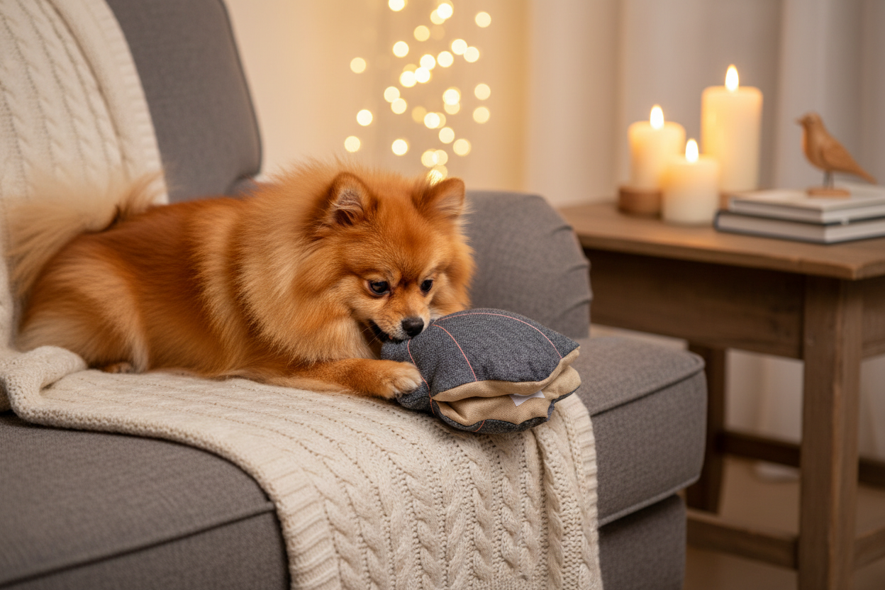 Pomeranian com peluche concha eco em cenário cozy