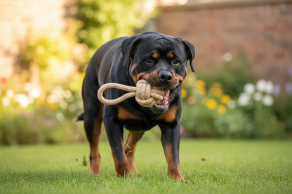Rottweiler com bola de corda knot