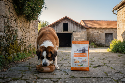 São Bernardo a comer ração numa quinta
