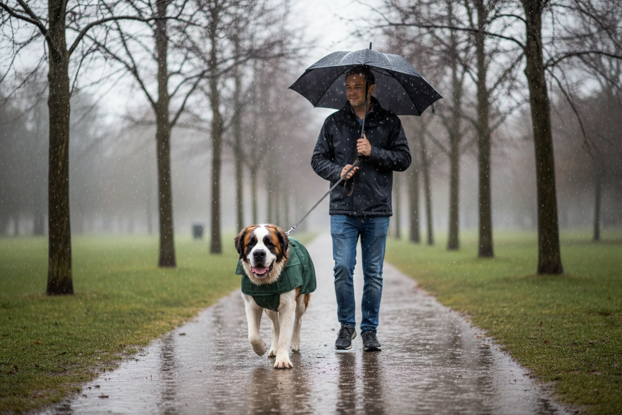 São Bernardo com casaco verde no parque