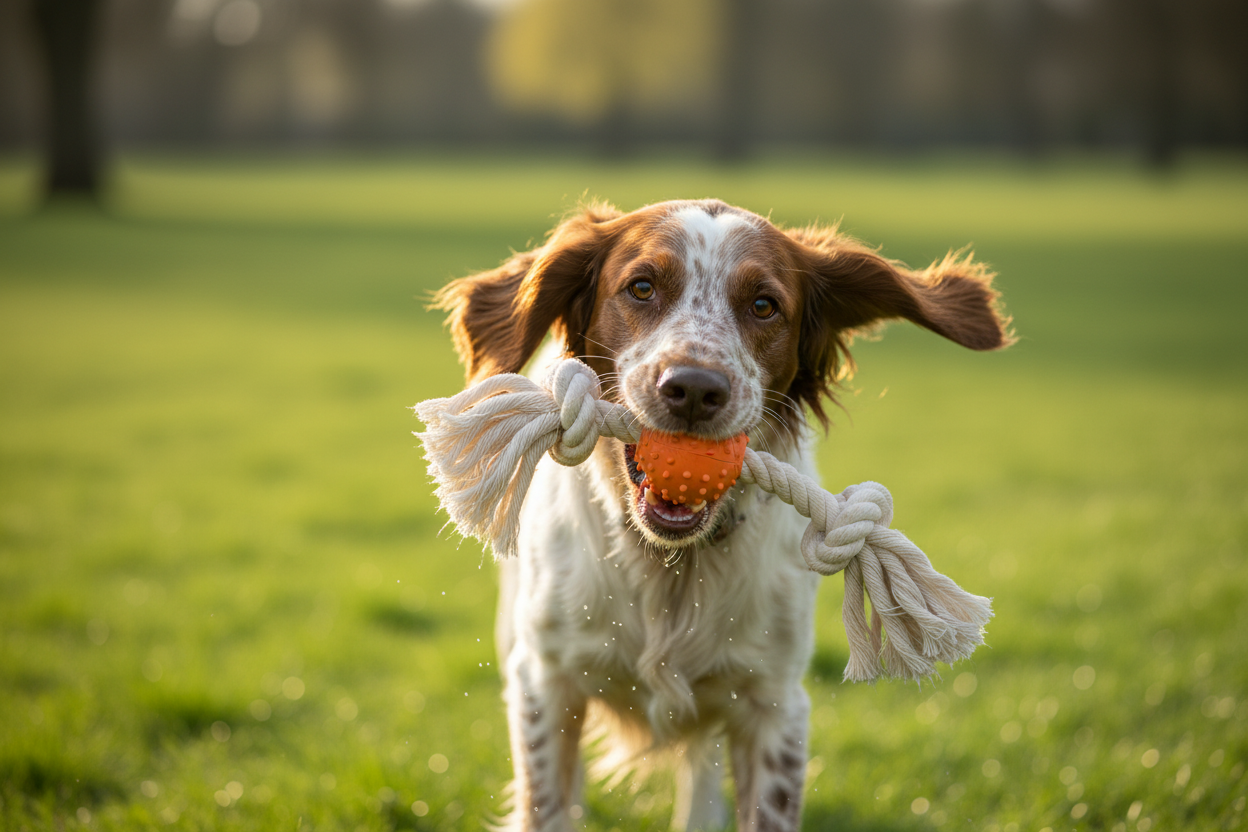 Springer Spaniel com bola de borracha laranja e corda eco
