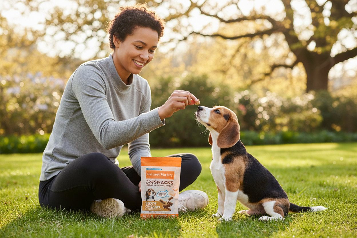 Tutor a treinar cachorro com snack no parque